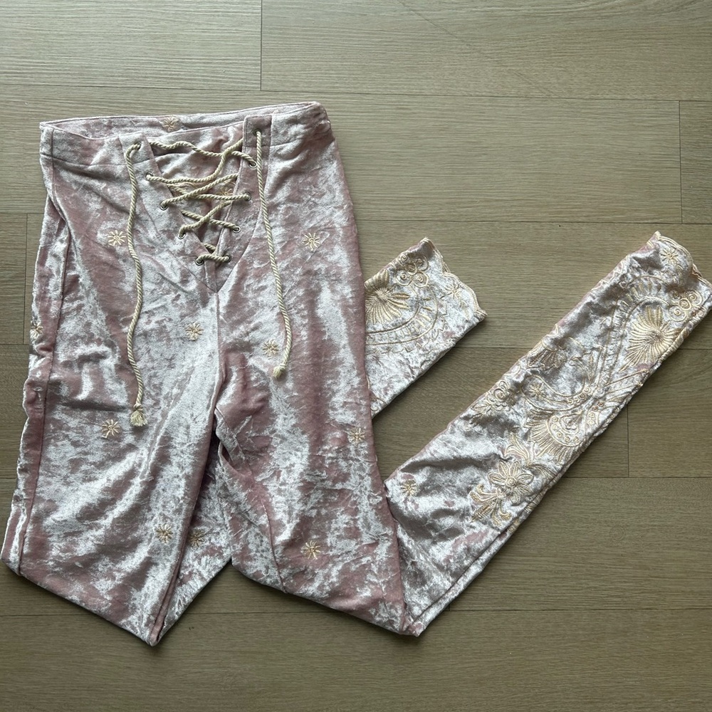 Baby pink crushed velvet Lace-Up embroidered Pants